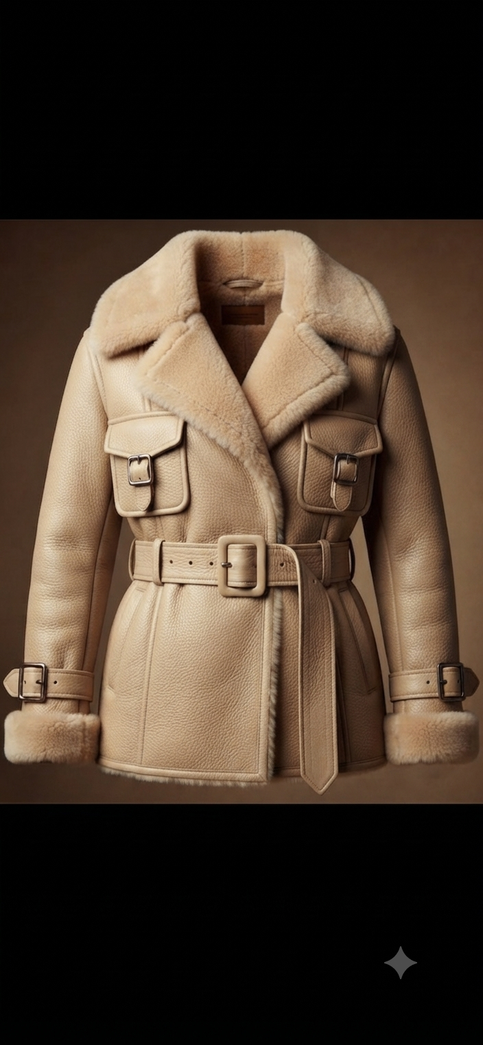 The Khool Closet "The Saharan Dune Shearling Utility Coat" for women.