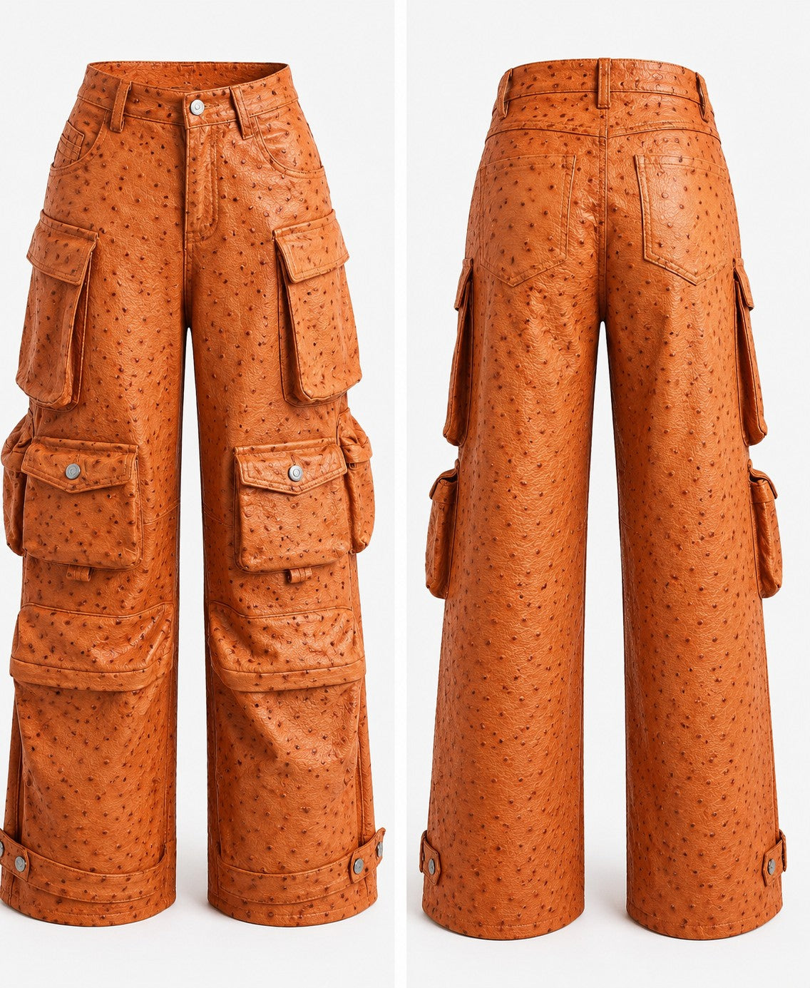 The Khool Closet: "The Modern Explorer"Collection Ostrich cargo pants for women. Tan+Orange