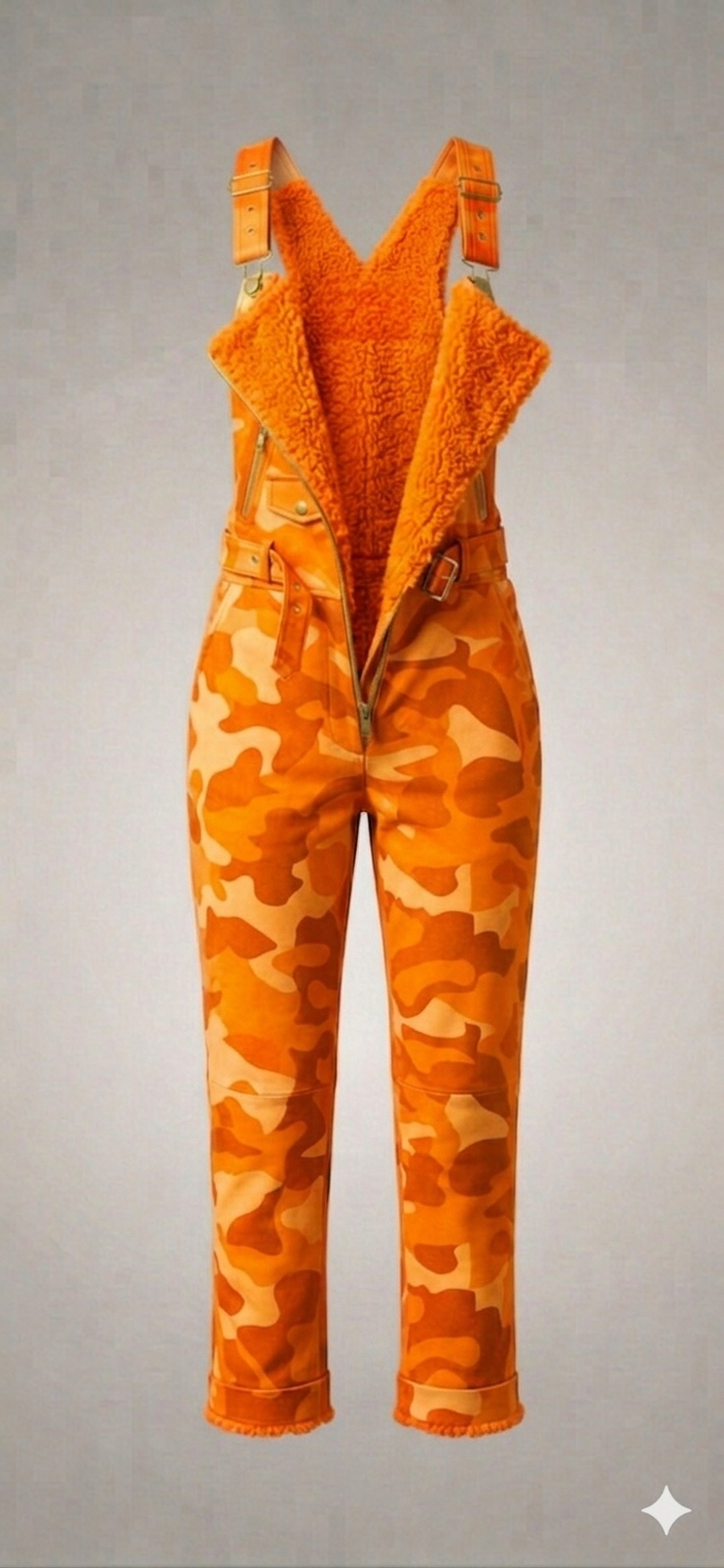The Khool Closet "Vapor-Camo Utility Romper" for women. Neon Green/Bright Orange 100%Leather