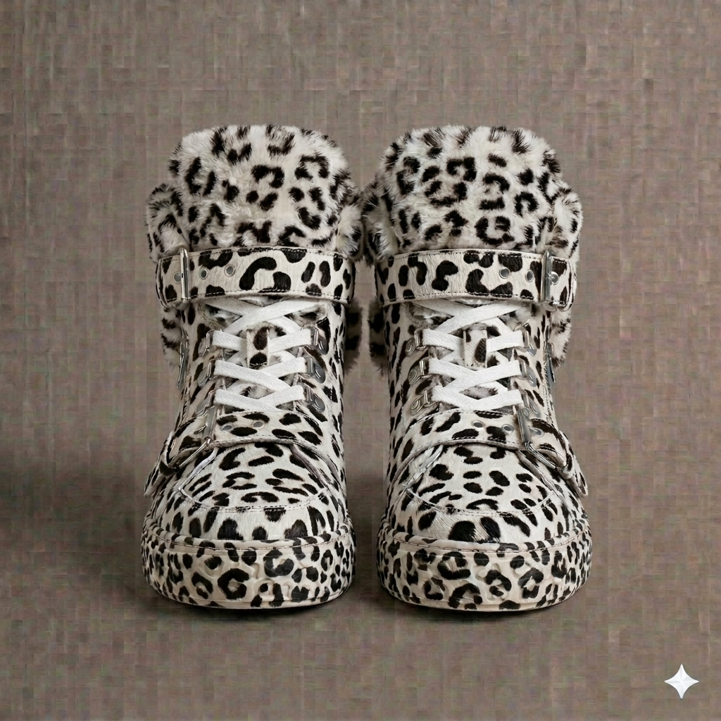 The Khool Closet: "Leopard Suede+Sherling fur" Gilded Nomad" shoe for women. Leopard/Neon Green Leopard/Bright Orange Leopard/Lavender Leopard/Cyro Leopard/White+Black Leopard