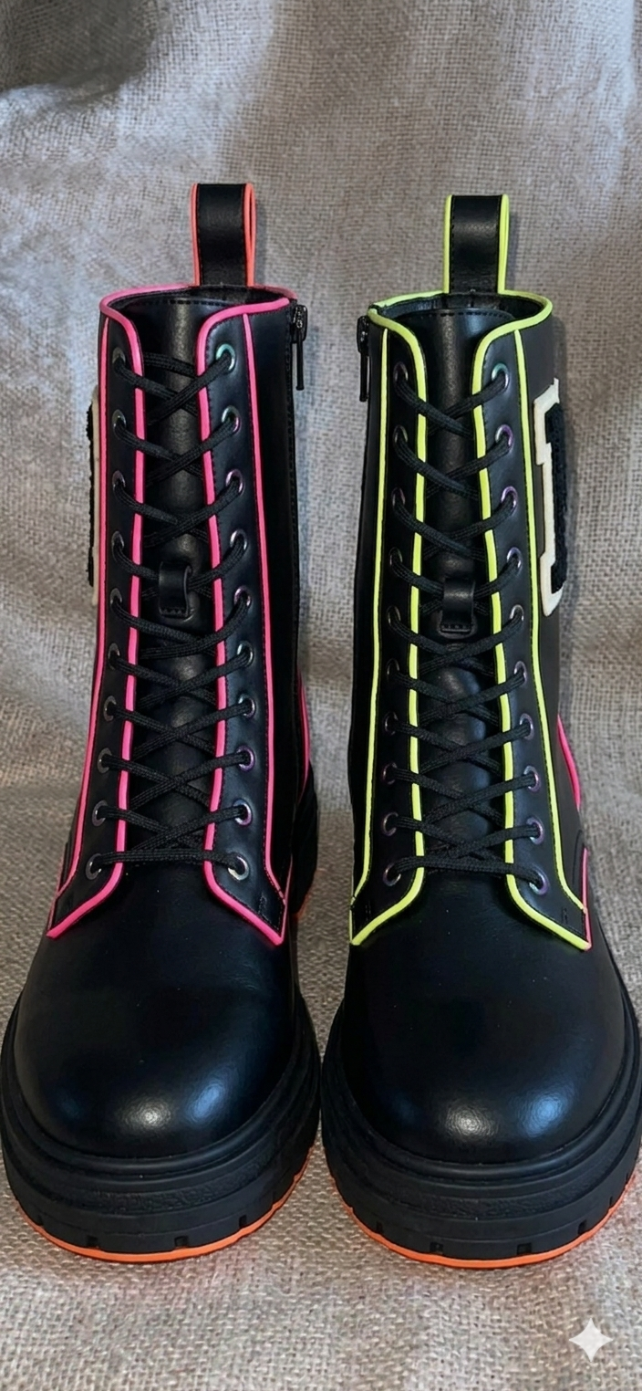 The Khool Closet "Neon Varsity Combat" boots for women. 100% Genuine Leather
