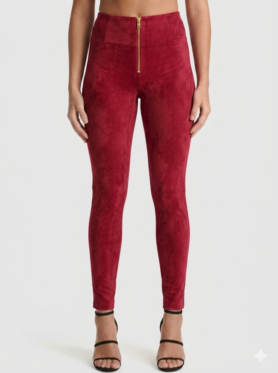 The Khool Closet "Exposed-Zip High-Rise Suede Trousers" for women.