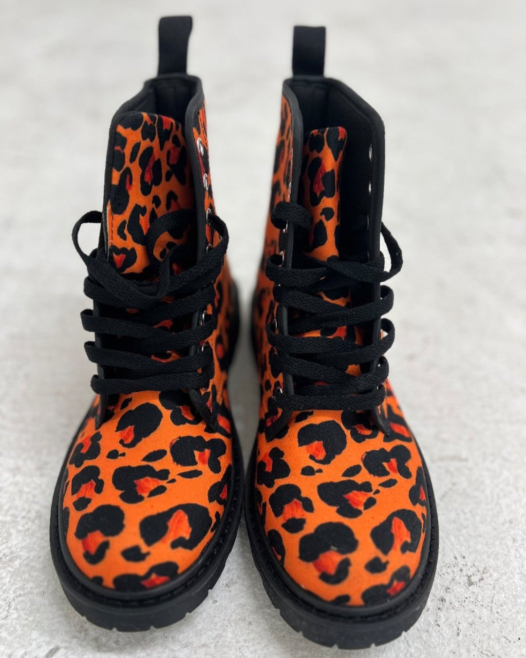 The Khool Closet: Savage Glam Collection Orange Leopard boots for women. 100% Vegan Suede