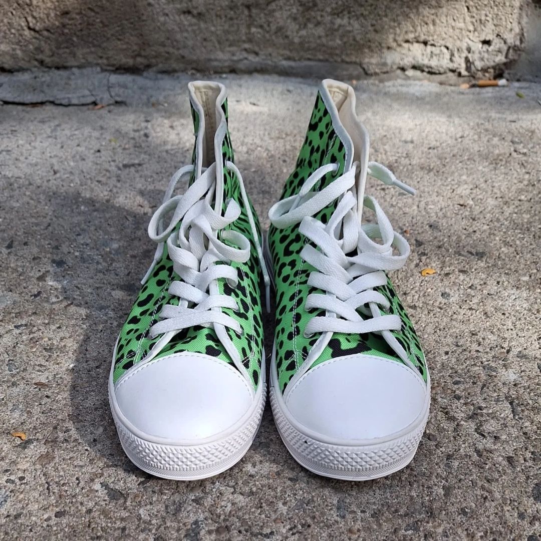 The Khool Closet: "Leopard Luxe" shoe collection Leopard green print high tops for women.100% Vegan Suede