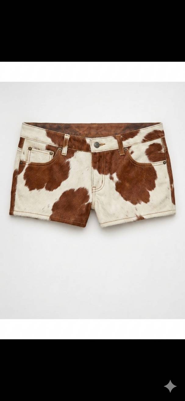 The Khool Closet "Maverick Meadow Shorts" for women. 100% Cowhide Black+White/Brown+White