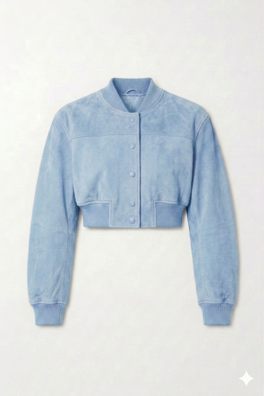 The Khool Closet "Kaleidoscope" crop suede bomber for women. Neon Pink/Heather Grey/Neon Green/Powder Blue