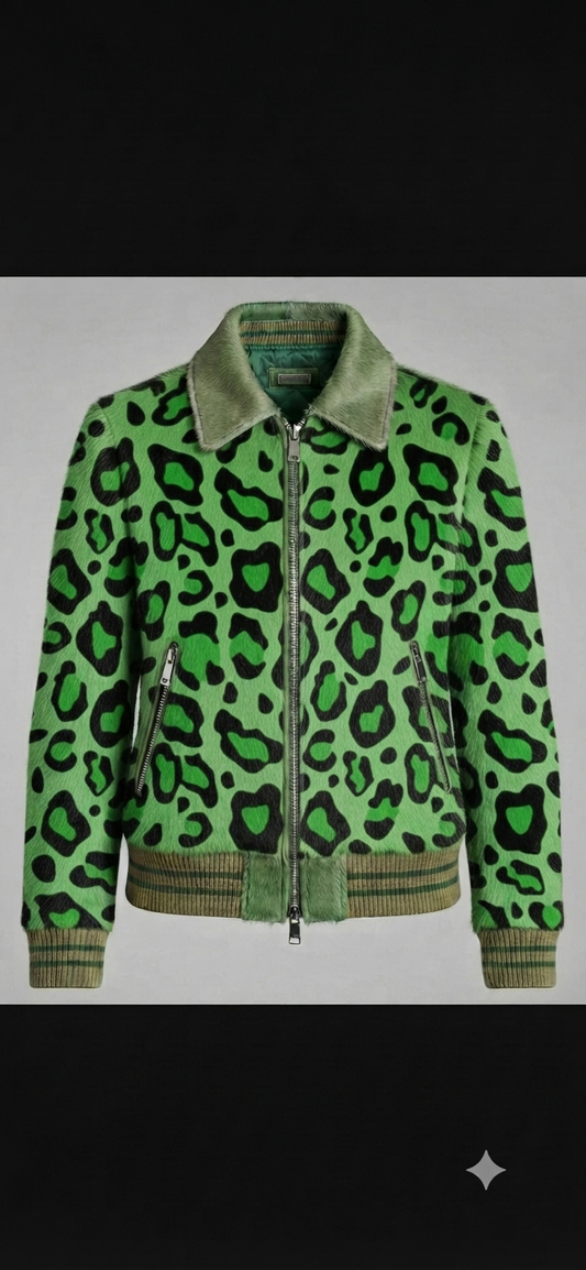 The Khool Closet "CyberLeopard" pony hair flight Jacket for women.