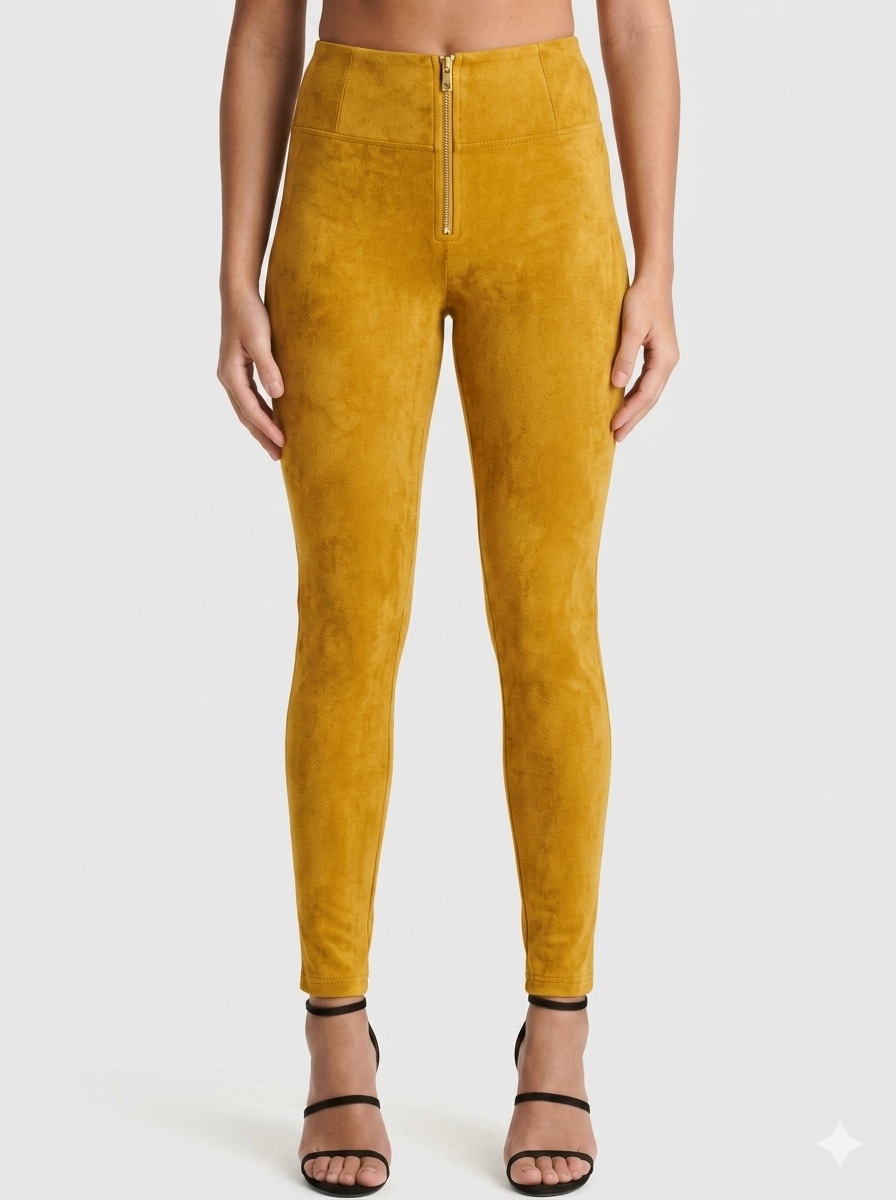 The Khool Closet "Exposed-Zip High-Rise Suede Trousers" for women.