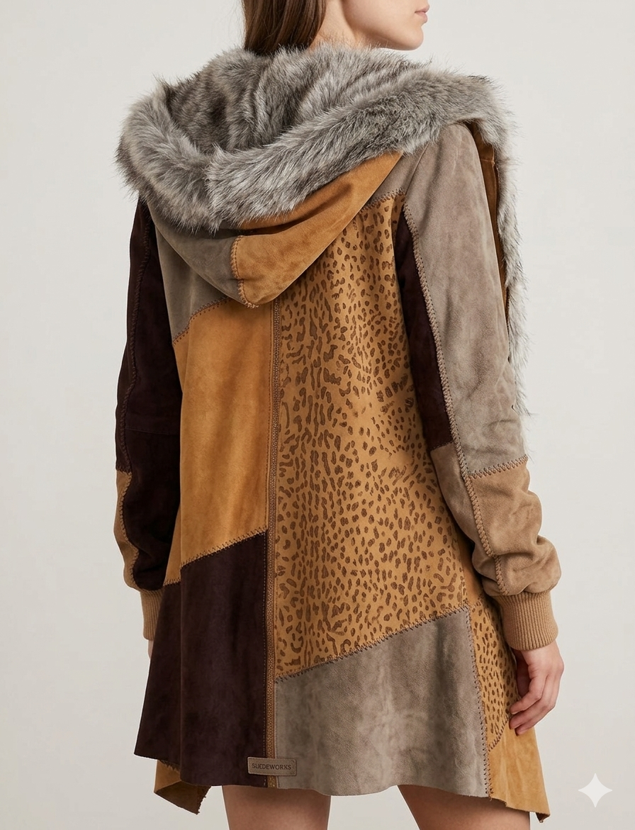 The Khool Closet "Tundra Mixed-Media Hoodie" for women. Lamb Suede