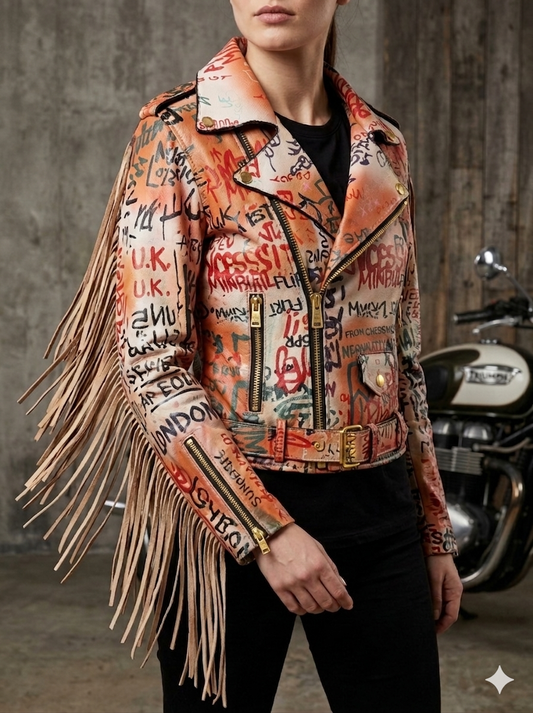 The Khool Closet: "Graffitti Moto Jacket" with suede fringe for women.