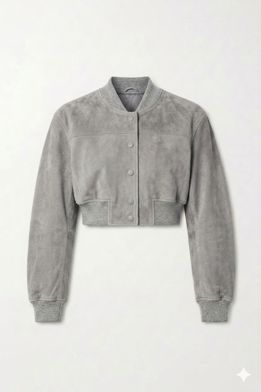 The Khool Closet "Kaleidoscope" crop suede bomber for women. Neon Pink/Heather Grey/Neon Green/Powder Blue