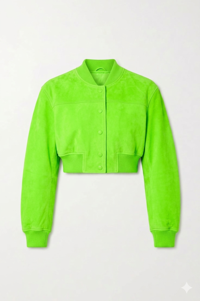 The Khool Closet "Kaleidoscope" crop suede bomber for women. Neon Pink/Heather Grey/Neon Green/Powder Blue