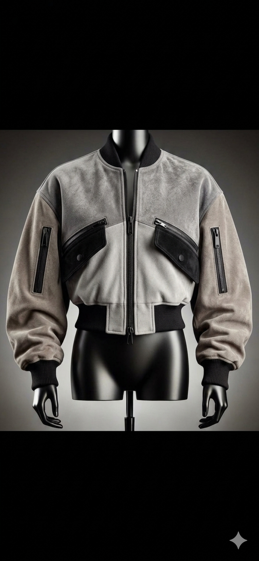 The Khool Closet "Grid-Lock Cropped Bomber" for women. 100% Lamb Suede