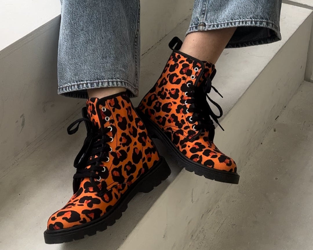 The Khool Closet: Savage Glam Collection Orange Leopard boots for women. 100% Vegan Suede