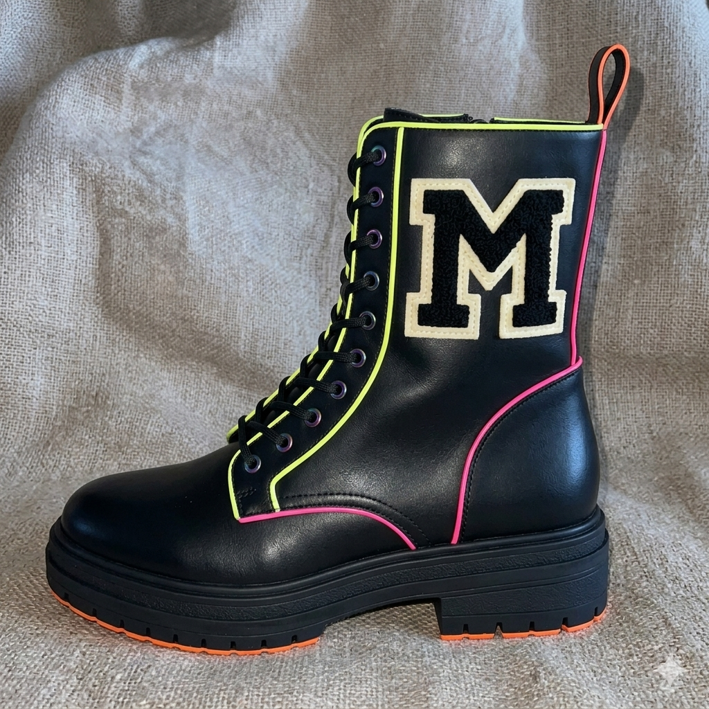 The Khool Closet "Neon Varsity Combat" boots for women. 100% Genuine Leather