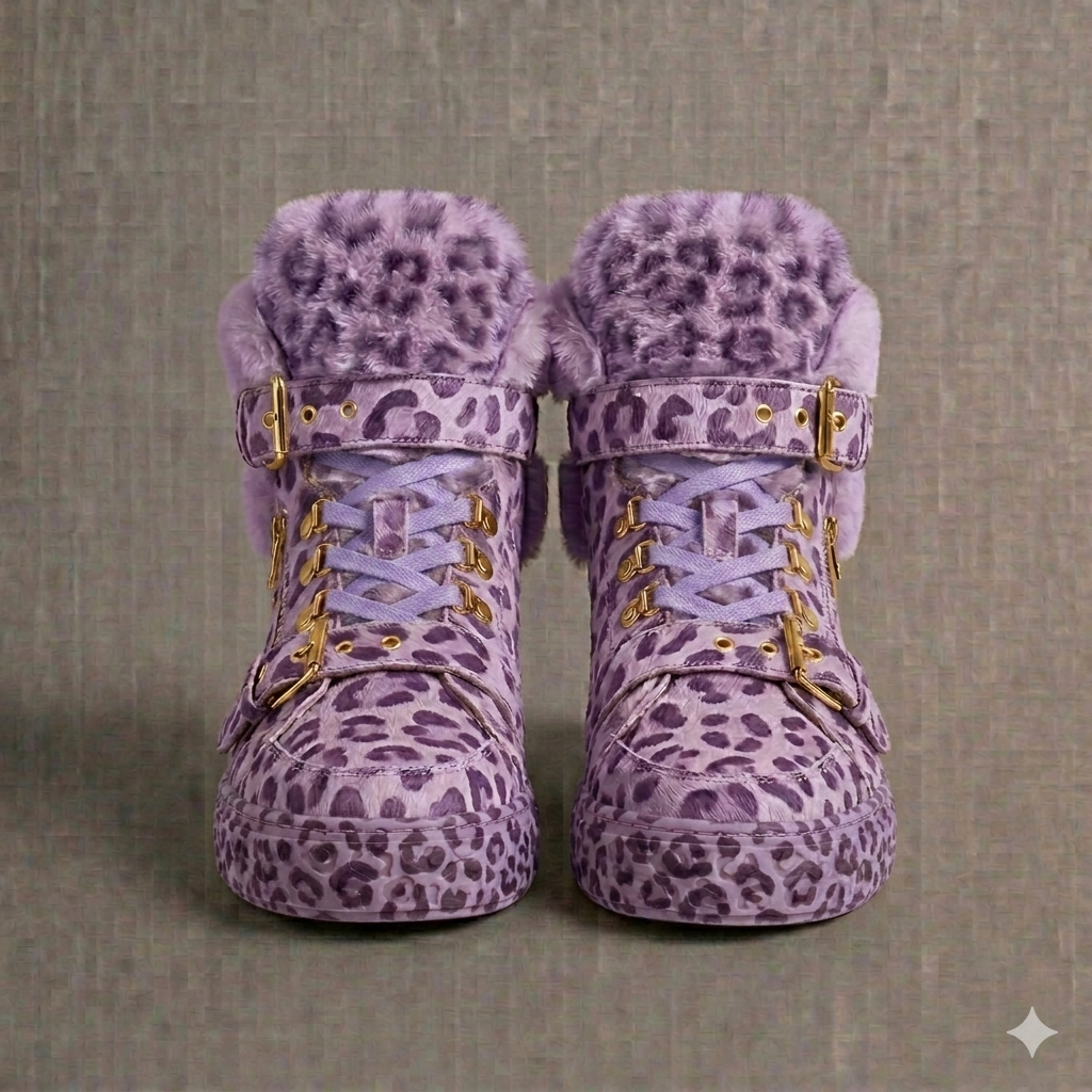 The Khool Closet: "Leopard Suede+Sherling fur" Gilded Nomad" shoe for women. Leopard/Neon Green Leopard/Bright Orange Leopard/Lavender Leopard/Cyro Leopard/White+Black Leopard