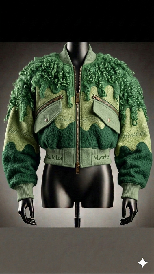 The Khool Closet "Matcha" green bomber for women.