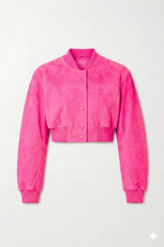 The Khool Closet "Kaleidoscope" crop suede bomber for women. Neon Pink/Heather Grey/Neon Green/Powder Blue