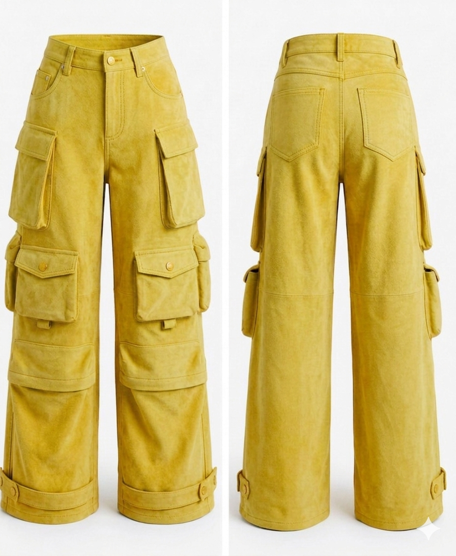 The Khool Closet: "The Plush Cargo Trouser" suede for women. Blue/Yellow/Mint