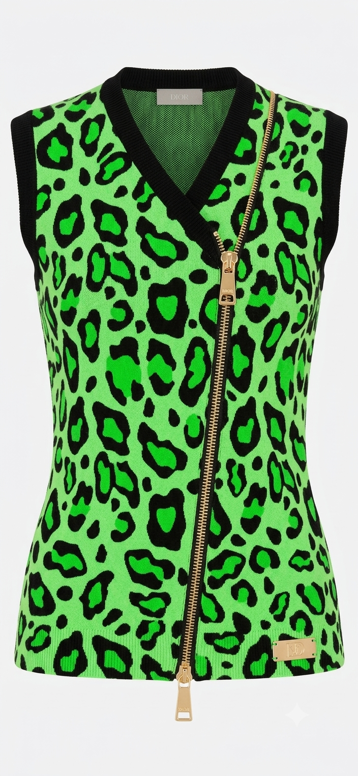 The Khool Closet Green leopard zipper sweater for women.
