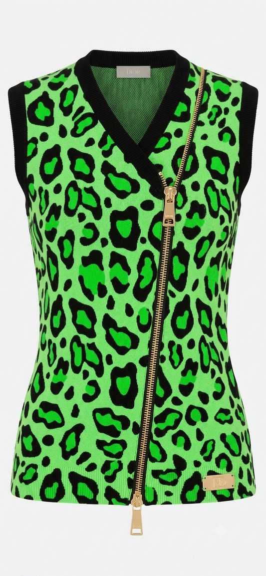 The Khool Closet Green leopard zipper sweater for women.