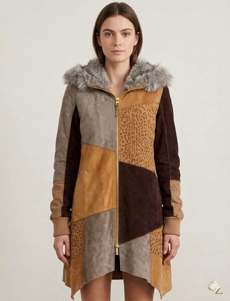 The Khool Closet "Tundra Mixed-Media Hoodie" for women. Lamb Suede