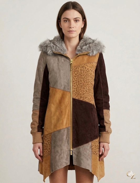The Khool Closet "Tundra Mixed-Media Hoodie" for women. Lamb Suede