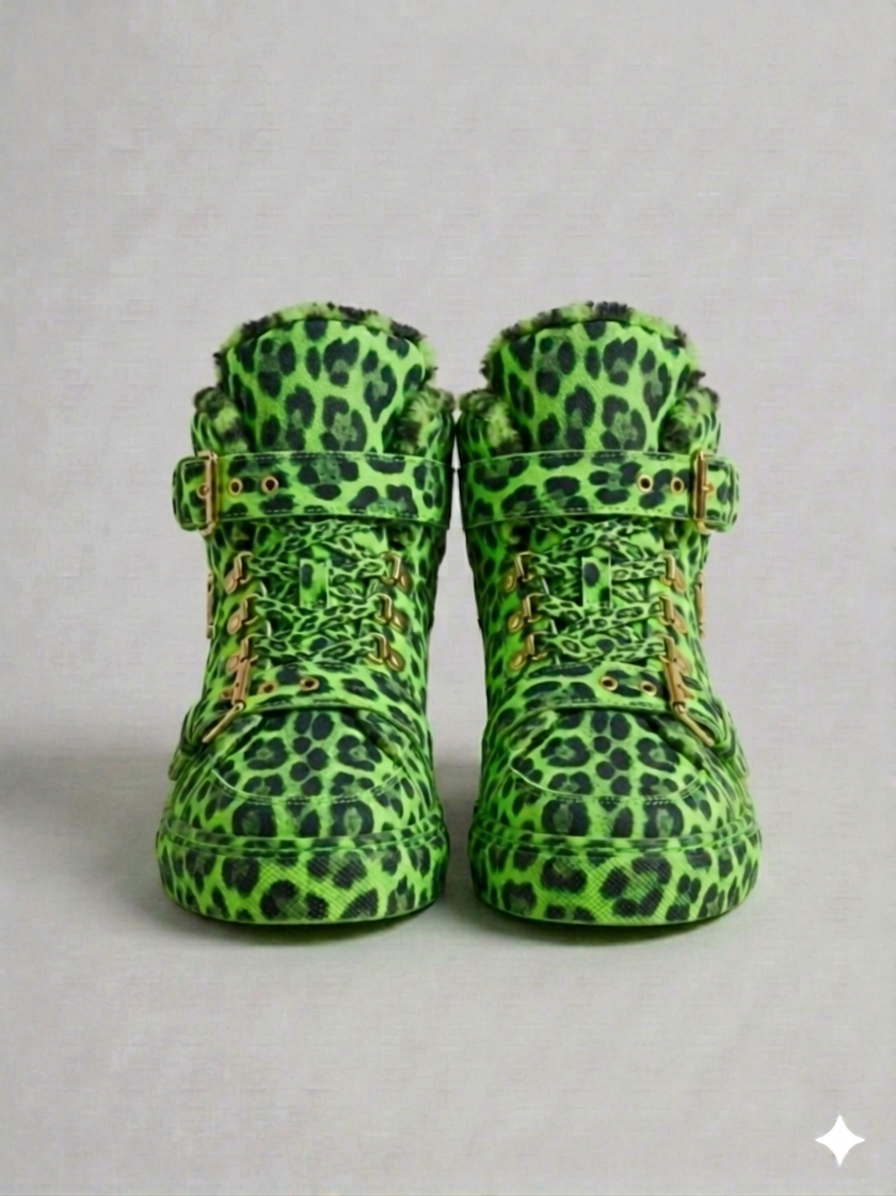 The Khool Closet: "Leopard Suede+Sherling fur" Gilded Nomad" shoe for women. Leopard/Neon Green Leopard/Bright Orange Leopard/Lavender Leopard/Cyro Leopard/White+Black Leopard