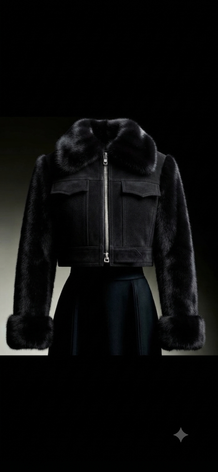 The Khool Closet "Sovereign Plush Flight Jacket" suede and mink for women.