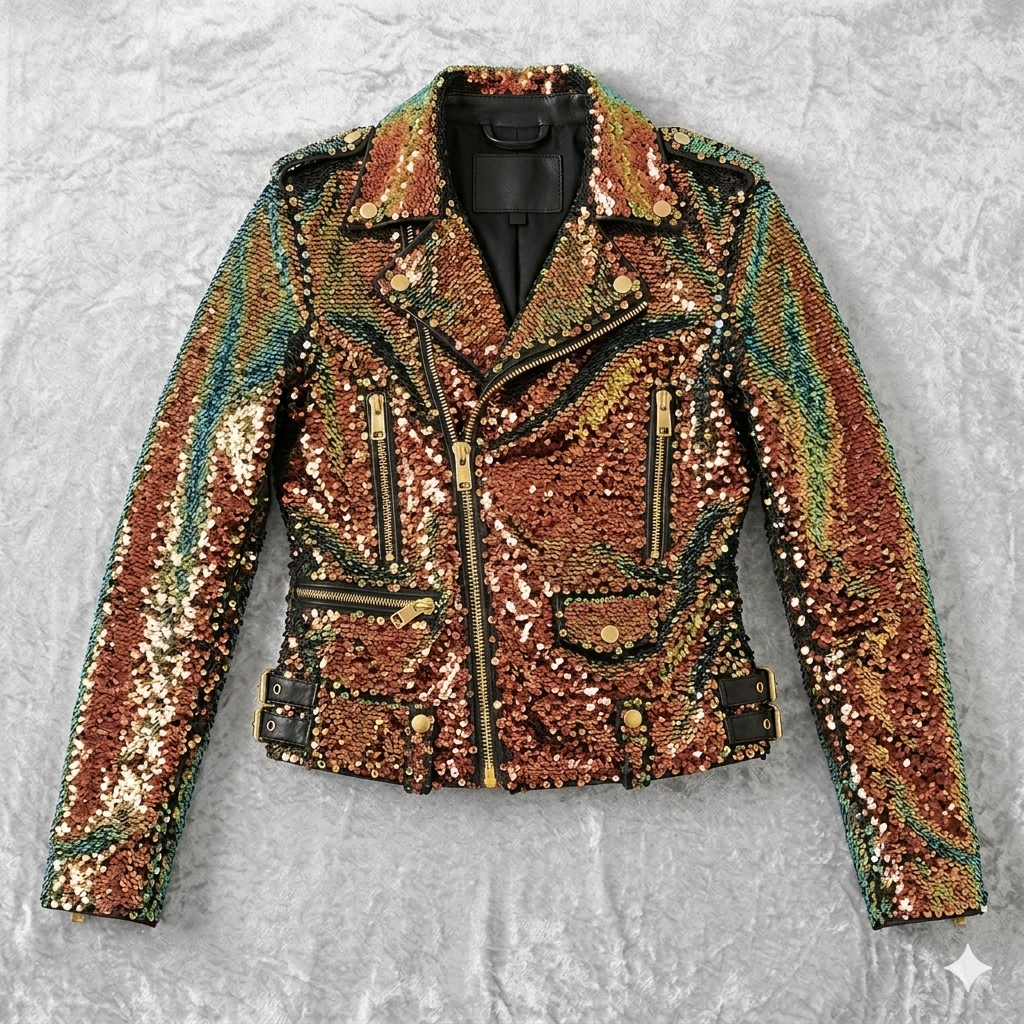 The Khool Closet "The Phoenix Moto Jacket" for women. Sequins