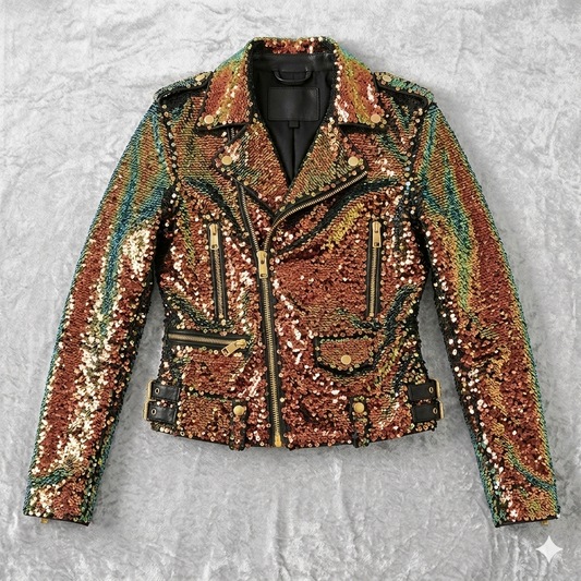 The Khool Closet "The Phoenix Moto Jacket" for women. Sequins