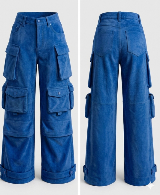 The Khool Closet: "The Plush Cargo Trouser" suede for women. Blue/Yellow/Mint