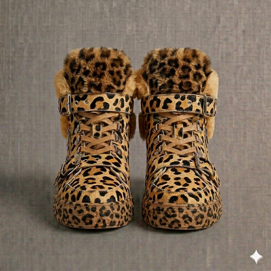 The Khool Closet: "Leopard Suede+Sherling fur" Gilded Nomad" shoe for women. Leopard/Neon Green Leopard/Bright Orange Leopard/Lavender Leopard/Cyro Leopard/White+Black Leopard