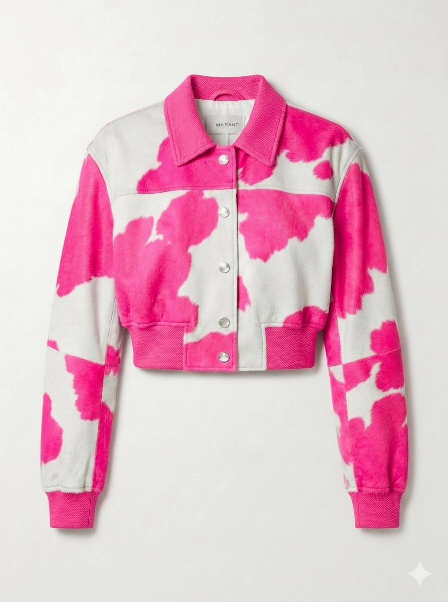 The Khool Closet: "Colorful" cowhide color pattern bomber for women. Green+White/Pink+White/Black+White