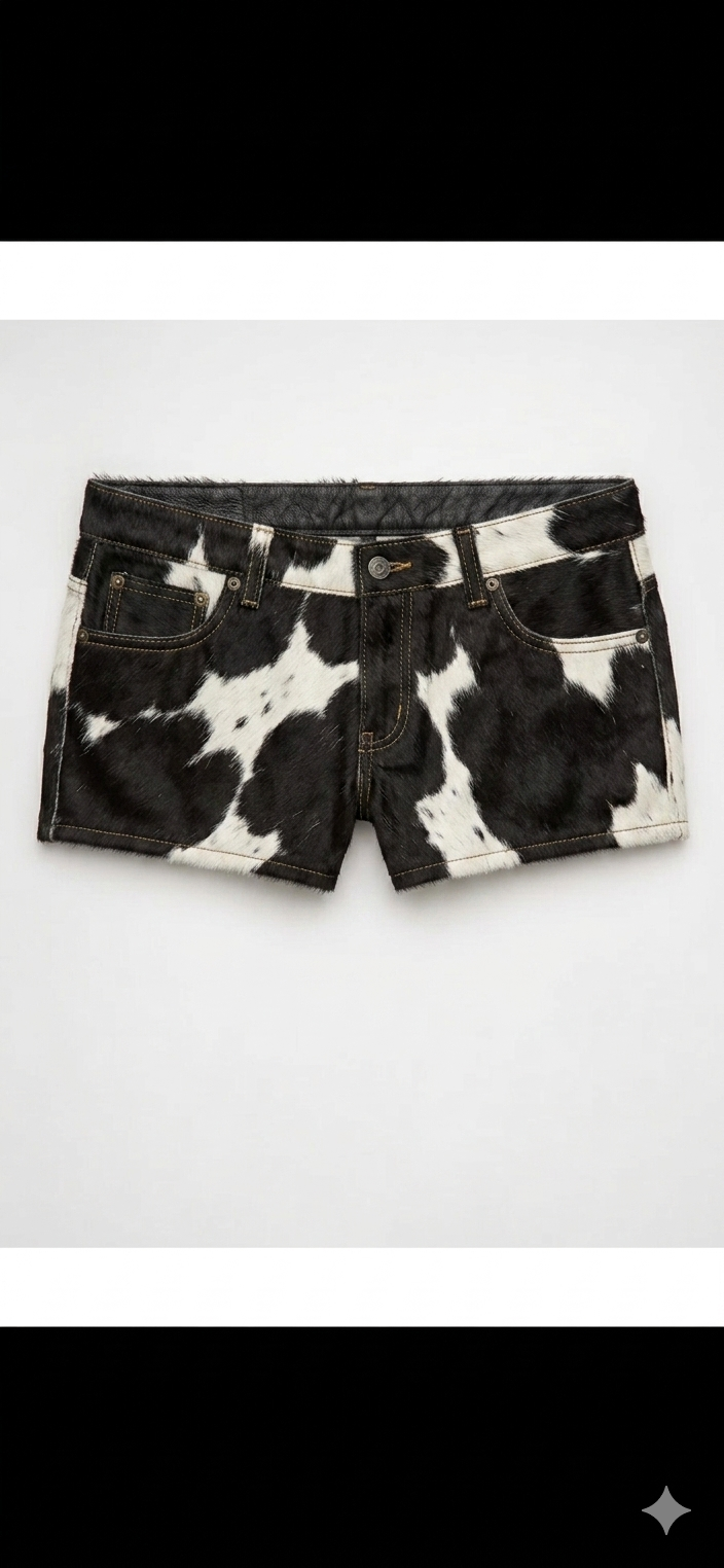 The Khool Closet "Maverick Meadow Shorts" for women. 100% Cowhide Black+White/Brown+White