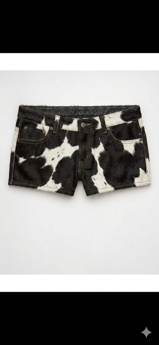 The Khool Closet "Maverick Meadow Shorts" for women. 100% Cowhide Black+White/Brown+White
