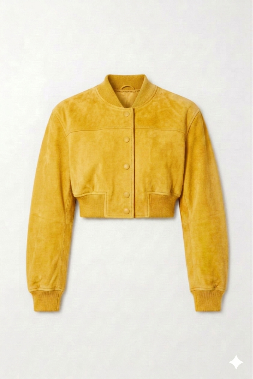 The Khool Closet "Kaleidoscope" crop suede bomber for women. Neon Pink/Heather Grey/Neon Green/Powder Blue