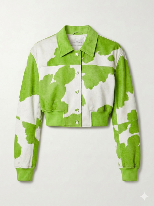 The Khool Closet: "Colorful" cowhide color pattern bomber for women. Green+White/Pink+White/Black+White