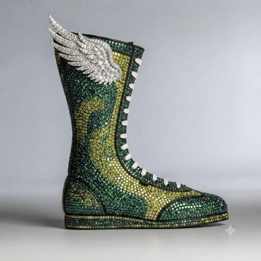The Khool Closet "Money Wings" moissanite boots for women.