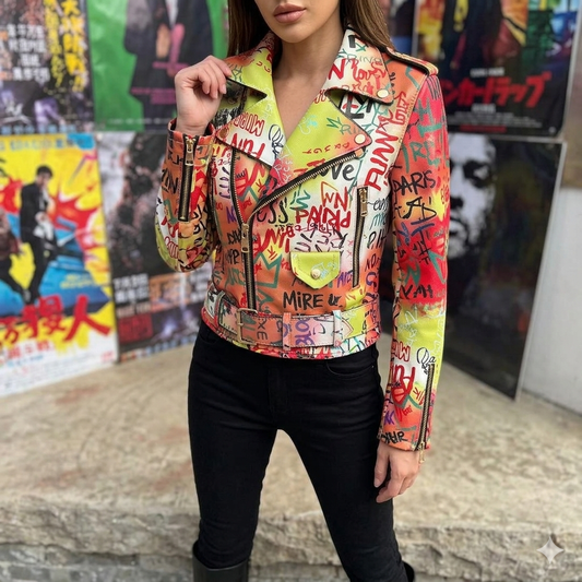 The Khool Closet: "Graffitti Moto Jacket" for women.