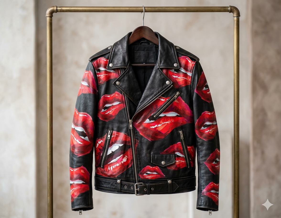 The Khool Closet: "Vibe Check" lip motorcycle jacket for women. Red+White Black+Red