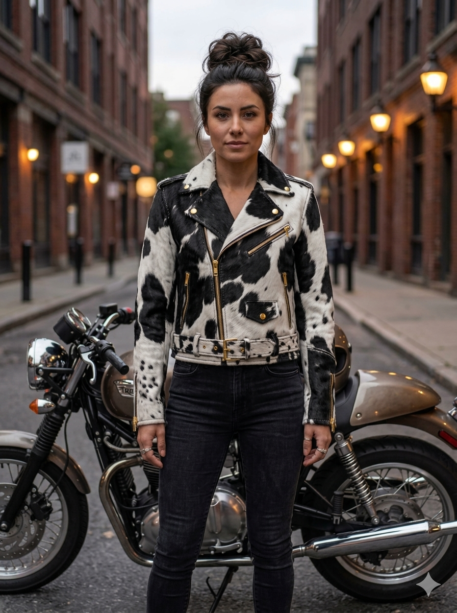 The Khool Closet: "Slim Fit Gold Zip Moto" cowhide for women. Brown+White/Black+White