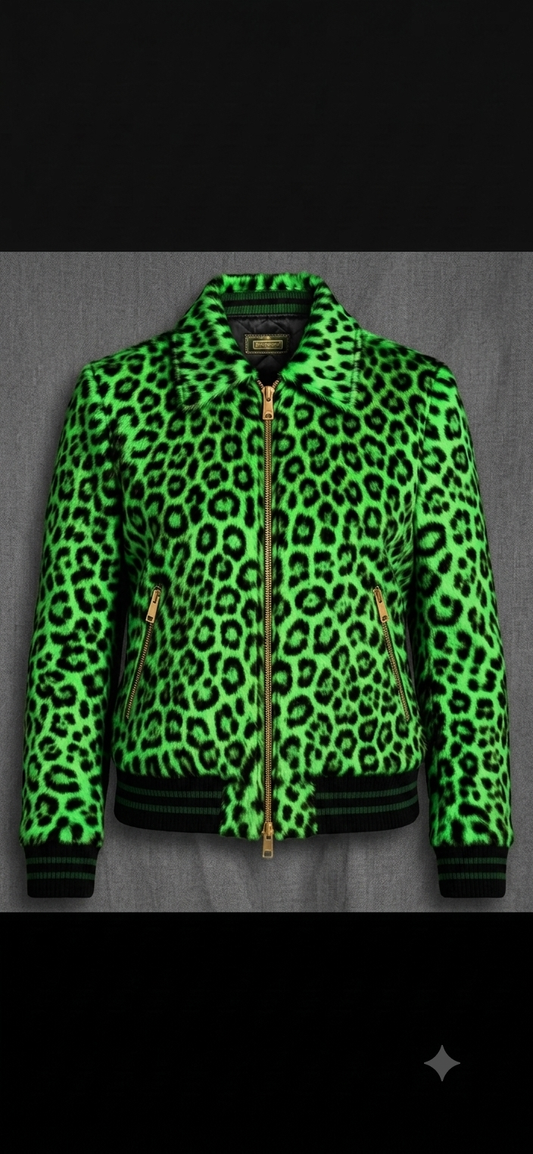 The Khool Closet "Neon Leopard Faux Fur Bomber Jacket" for women.