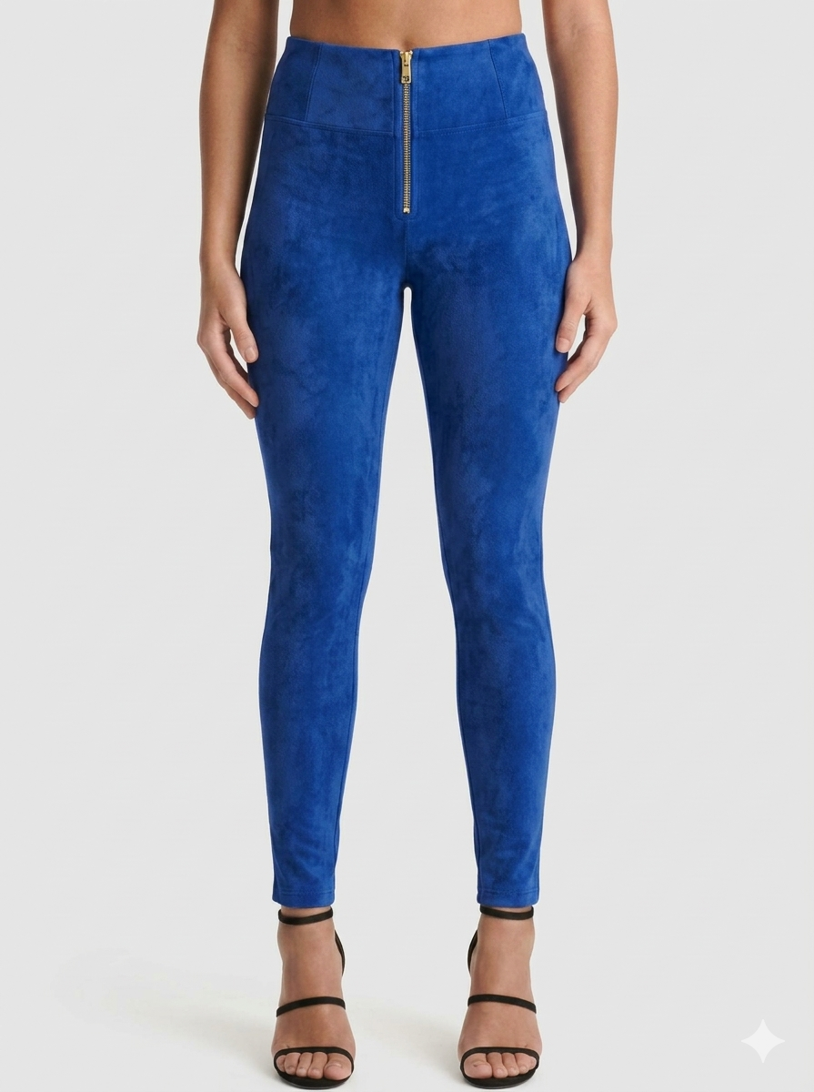 The Khool Closet "Exposed-Zip High-Rise Suede Trousers" for women.