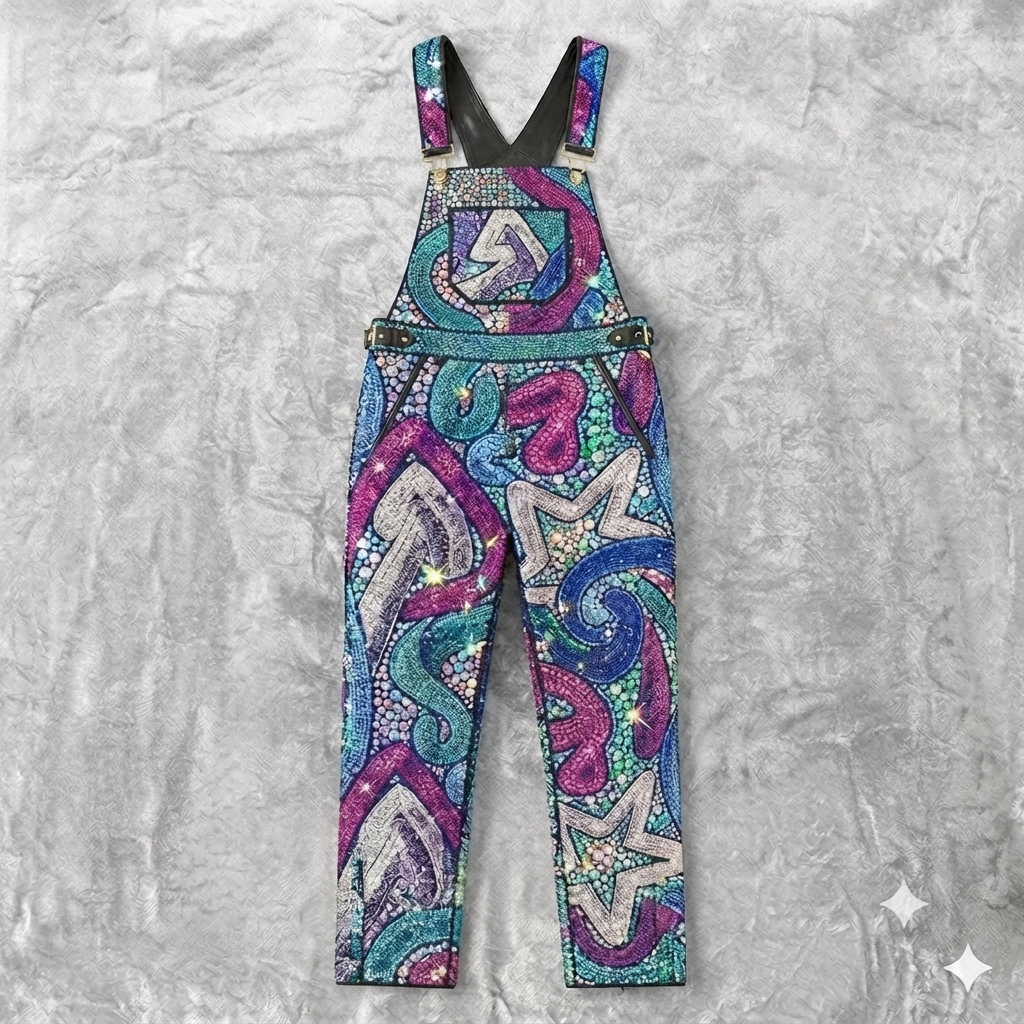 The Khool Closet "Cosmic Mosaic Sequin Overalls" for women.