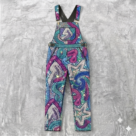 The Khool Closet "Cosmic Mosaic Sequin Overalls" for women.