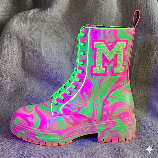 The Khool Closet "Neon Varsity Combat" boots for women. 100% Genuine Leather