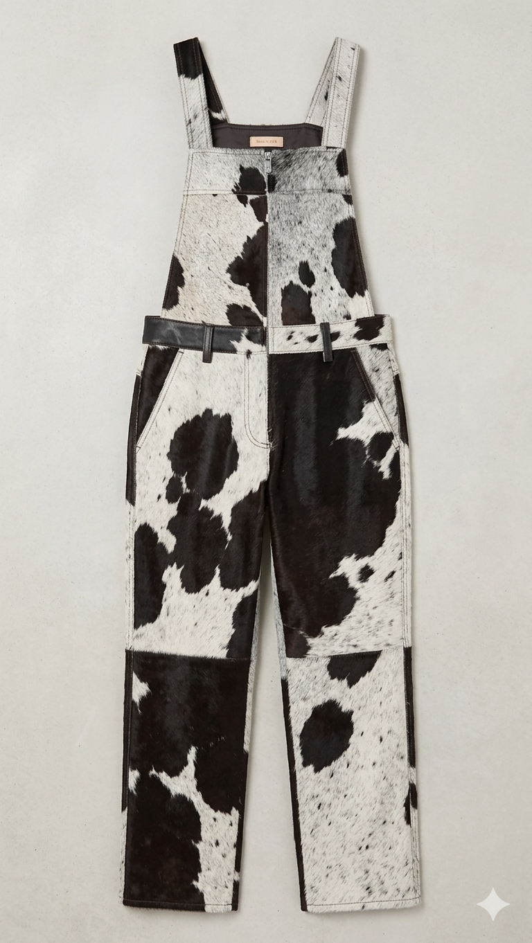 The Khool Closet: "Cow Print Denim Overalls" for women. Black/White 100% Cowhide