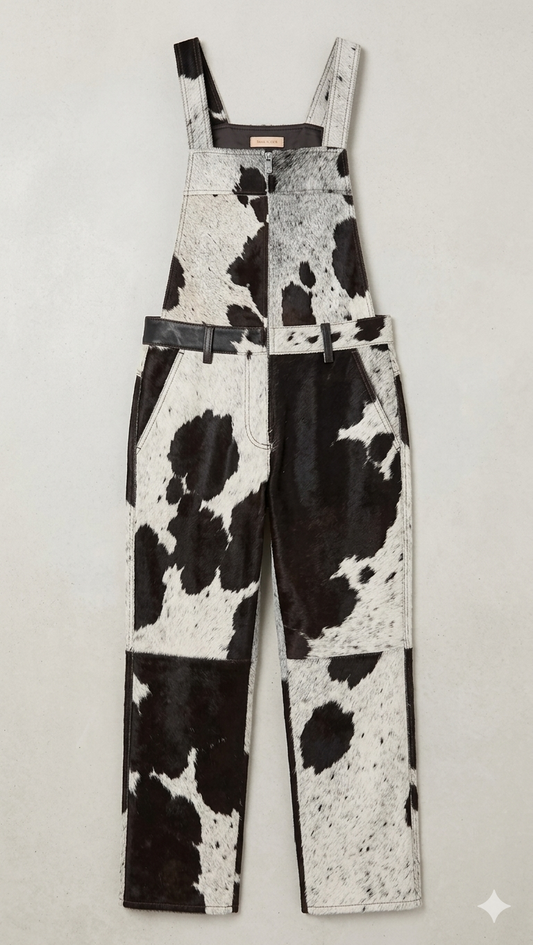 The Khool Closet: "Cow Print Denim Overalls" for women. Black/White 100% Cowhide