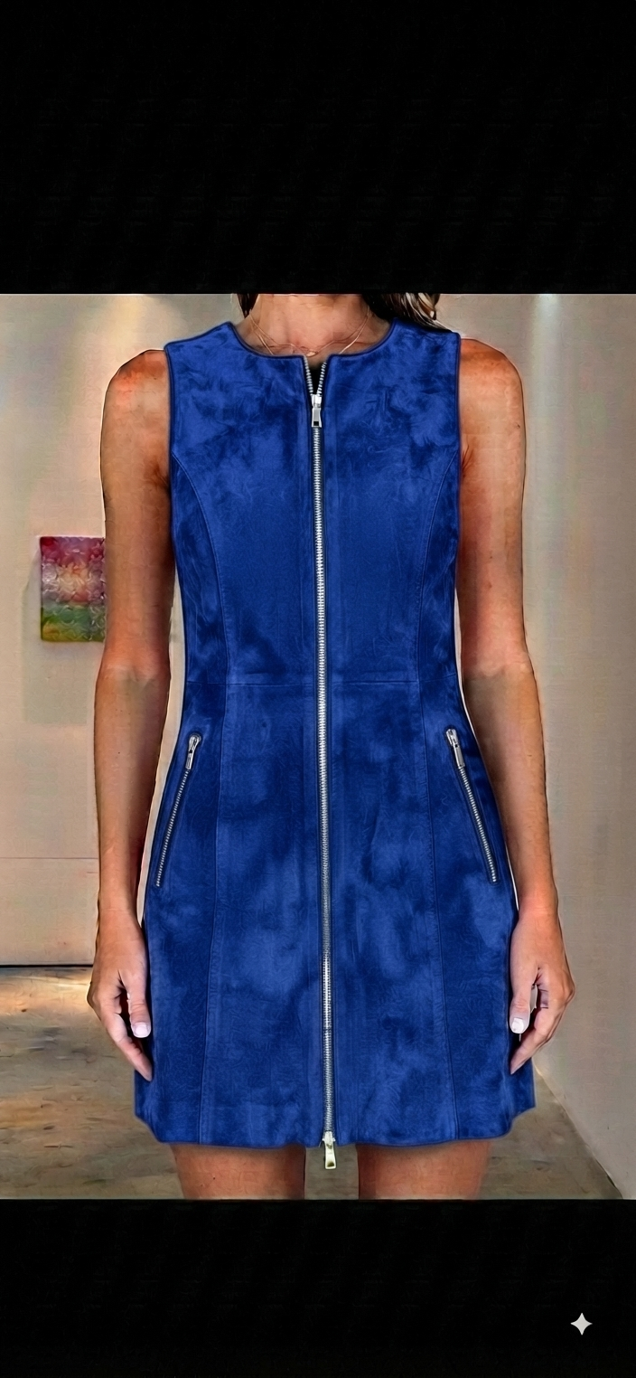The Khool Closet "The Cobalt Suedette Zip-Front" A-Line Mini-Dress for woman.